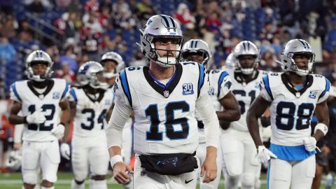 Carolina Panthers quarterback Jack Plummer (16) during the first half of a preseason NFL football game against the New England Patriots, Thursday, Aug. 8, 2024, in Foxborough, Mass. (AP Photo/Michael Dwyer)