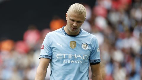 Manchester City forward Erling Haaland reacts after missing a chance to score during the FA Community Shield soccer match between Manchester City and Manchester United at Wembley Stadium in London, Saturday, Aug. 10, 2024. (AP Photo/David Cliff)