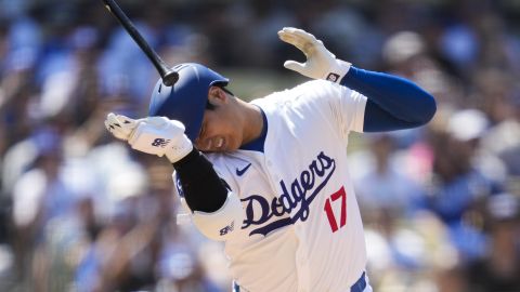 Los Angeles Dodgers designated hitter Shohei Ohtani reacts after being hit by a pitch from Tampa Bay Rays relief pitcher Richard Lovelady during the eighth inning of a baseball game in Los Angeles, Sunday, Aug. 25, 2024. (AP Photo/Ashley Landis)