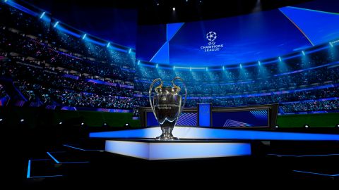 The trophy is displayed in the hall ahead of the Champions League, league phase, draw, in Monaco, Thursday, Aug. 29, 2024. (AP Photo/Gregorio Borgia)