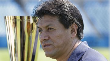 Mexican soccer legend Claudio Suarez answers questions on the field at Bank of America Stadium in Charlotte, N.C., Tuesday, June 30, 2015, in anticipation of the upcoming Gold Cup matches, scheduled for July 15 in Charlotte. The matches feature the Mexican national team against Trinidad & Tobago and Cuba playing Guatemala. (AP Photo/Bob Leverone)