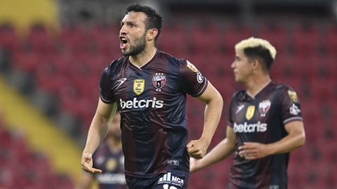 Guadalajara, Jalisco, 27 de mayo de 2023. Juan Portales en festejo de gol durante el partido de ida del Campeón de Campeones 2022-2023 de la Liga BBVA Expansión MX, entre el CD Tapatío y los Potros de Hierro del Atlante FC, celebrado en el estadio Jalisco. Foto: Imago7/ Etzel Espinosa