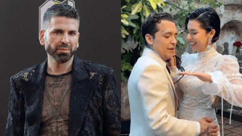 Izquierda: Jomari Goyso posa en los Premios Juventud 2024. Derecha: Ángela Aguilar y Christian Nodal el día de su boda