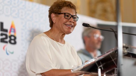 Los Angeles Mayor Karen Bass speaks at a reception at the U.S. Chief of Mission Residence to commemorate the opening of the 2024 Summer Olympics and celebrate the upcoming 2028 Olympic Games, to be held in Los Angeles, Saturday, July 27, 2024, in Paris. (AP Photo/David Goldman)