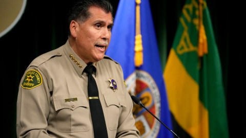 FILE - Los Angeles County Sheriff Robert Luna speaks at a news conference on Feb. 20, 2023, in Los Angeles. For the second time in a week, the Los Angeles County sheriff has decried the use of force by deputies in the Antelope Valley after a woman holding a baby was punched in the face last year. The Sheriff's Department on Wednesday, July 12, 2023, released bodycam video showing a deputy punching the woman twice in the face as she held her 3-week-old infant during a July 2022 traffic stop in Palmdale. (AP Photo/Damian Dovarganes, File)