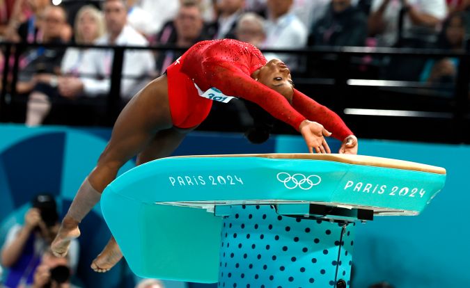 Uno de los momentos de la participación de Simone Biles en la final del salto en la gimnasia de los
Juegos Olímpicos París 2024.