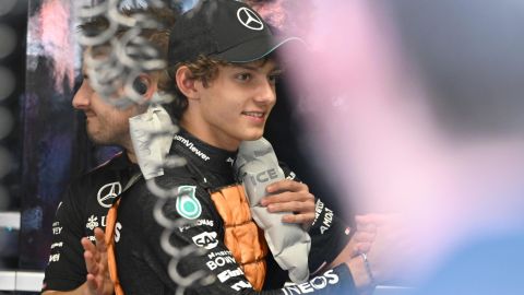 Monza (Italy), 29/08/2024.- Mercedes driver Andrea Kimi Antonelli of Italy smiles in the box during the first practice session for the Formula One Grand Prix of Italy, in Monza, Italy, 30 August 2024. The 2024 Formula 1 Grand Prix of Italy is held at the Monza National Autodrome circuit race track on 01 September. (Fórmula Uno, Italia, Roma) EFE/EPA/Daniel Dal Zennaro