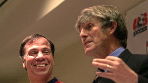 U.S. men's national soccer coach Bruce Arena, left, smiles at Bora Milutinovic, the China soccer coach, during a news conference Thursday, Jan. 25, 2001, in Oakland, Calif. The two teams will play a match Saturday in Oakland. (AP Photo/Ben Margot)