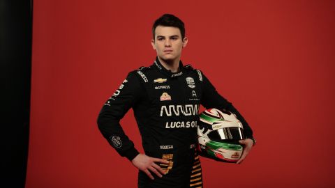 IndyCar driver Patricio O'Ward poses for photos during IndyCar Media Day Auto Racing, Monday, Feb. 10, 2020, in Austin, Texas. (AP Photo/Eric Gay)