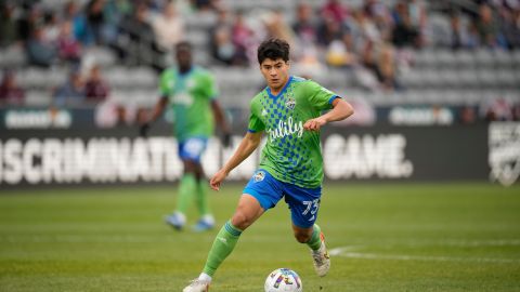 Seattle Sounders midfielder Obed Vargas (73) in the first half of an MLS soccer match Sunday, May 22 2022, in Commerce City, Colo. (AP Photo/David Zalubowski)