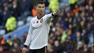 Manchester United's Cristiano Ronaldo gestures during the English Premier League soccer match between Aston Villa and Manchester United at Villa Park in Birmingham, England, Sunday, Nov. 6, 2022. (AP Photo/Rui Vieira)