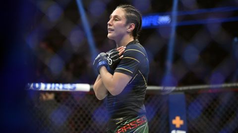 Alexa Grasso reacts after defeating Valentina Shevchenko in her UFC 285 mixed martial arts flyweight title bout Saturday, March 4, 2023, in Las Vegas. (AP Photo/David Becker)