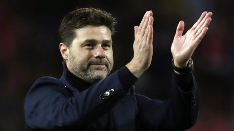 FILE - Mauricio Pochettino applauds fans after the Champions League group B soccer match between Red Star and Tottenham, at the Rajko Mitic Stadium in Belgrade, Serbia, Wednesday, Nov. 6, 2019. Chelsea has hired Mauricio Pochettino as manager on a two-year deal with the option of another year. The Argentine coach is tasked with getting the best out of an expensively assembled squad that has underperformed at the start of a new era for the English club. (AP Photo/Darko Vojinovic, File)