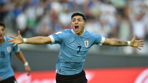 Uruguay's Anderson Duarte celebrates scoring his side's opening goal against Israel during a FIFA U-20 World Cup semifinal soccer match at the Diego Maradona stadium in La Plata, Argentina, Thursday, June 8, 2023. (AP Photo/Gustavo Garello)