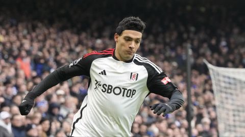 Fulham's Raul Jimenez during the English Premier League soccer match between Chelsea and Fulham at Stamford Bridge stadium in London, Saturday, Jan. 13, 2024. (AP Photo/Frank Augstein)