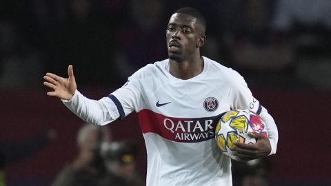 PSG's Ousmane Dembele celebrates after scoring his side's opening goal during the Champions League quarterfinal second leg soccer match between Barcelona and Paris Saint-Germain at the Olimpic Lluis Companys stadium in Barcelona, Spain, Tuesday, April 16, 2024. (AP Photo/Emilio Morenatti)