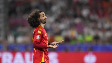 Spain's Marc Cucurella gestures during a semifinal match between Spain and France at the Euro 2024 soccer tournament in Munich, Germany, Tuesday, July 9, 2024. (AP Photo/Manu Fernandez)