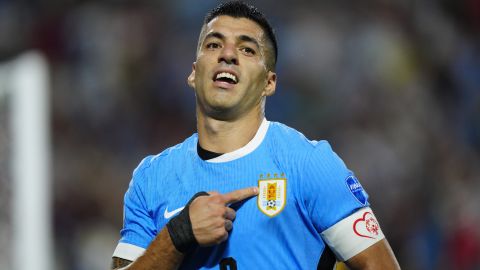 Uruguay's Luis Suarez celebrates after scoring his side's 2nd goal against Canada during the Copa America third place soccer match in Charlotte, N.C., Saturday, July 13, 2024. (AP Photo/Jacob Kupferman)