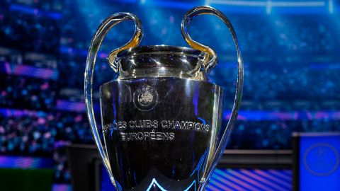 The trophy is displayed in the hall ahead of the Champions League, league phase, draw, in Monaco, Thursday, Aug. 29, 2024. (AP Photo/Gregorio Borgia)