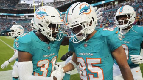 Miami Dolphins wide receiver River Cracraft (85) is congratulated by running back Raheem Mostert (31) after scoring a touchdown during the first half of a preseason NFL football game against the Washington Commanders, Saturday, Aug. 17, 2024, in Miami Gardens, Fla. (AP Photo/Wilfredo Lee)