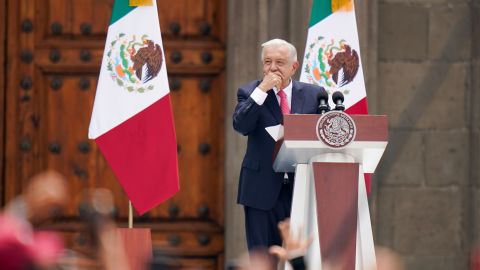 Outgoing President Andres Manuel Lopez Obrador delivers his last State of the Union at the Zocalo, Mexico City's main square, Sunday, Sept. 1, 2024. (AP Photo/Felix Marquez)