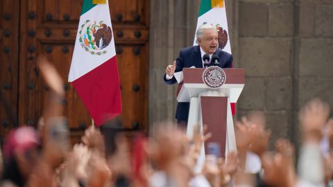 Outgoing President Andres Manuel Lopez Obrador delivers his last State of the Union at the Zocalo, Mexico City's main square, Sunday, Sept. 1, 2024. (AP Photo/Felix Marquez)