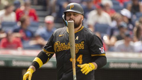 Pittsburgh Pirates' Rowdy Tellez walks back to the dugout after striking out against Cleveland Guardians starting pitcher Alex Cobb during the fifth inning of a baseball game in Cleveland, Sunday, Sept. 1, 2024. (AP Photo/Phil Long)