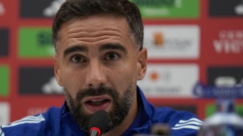 Spain's Dani Carvajal speaks during a press conference prior to the Nations League soccer match between Serbia and Spain, in Belgrade, Serbia, Wednesday, Sept. 4, 2024. Serbia will play a UEFA Nations League soccer match against Spain on Thursday. (AP Photo/Darko Vojinovic)