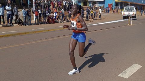 FILE -Rebecca Cheptegei, competes at the Discovery 10km road race in Kapchorwa, Uganda, Jan. 20, 2023. (AP Photo, File)