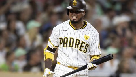 San Diego Padres' Luis Arraez reacts during an at bat against the Detroit Tigers in the seventh inning of a baseball game Wednesday, Sept. 4, 2024, in San Diego. (AP Photo/Derrick Tuskan)