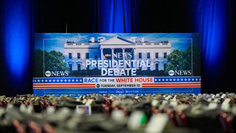 Signage at the media filing center ahead of the presidential debate between Republican presidential candidate former President Donald Trump and Democratic presidential nominee Vice President Kamala Harris, Monday, Sept. 9, 2024, in Philadelphia. (AP Photo/Pablo Martinez Monsivais)