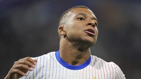 France's Kylian Mbappe reacts during the UEFA Nations League soccer match between France and Belgium at the Groupama stadium in Decines, outside Lyon, France, Monday, Sept. 9, 2024. (AP Photo/Laurent Cipriani)