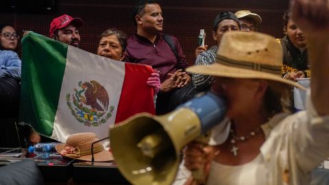 A protestor holds a Mexican flag after demonstrators broke into a Senate session in which lawmakers were debating the government's proposed judicial reform, which would make judges stand for election, in Mexico City, Tuesday, Sept. 10, 2024. (AP Photo/Felix Marquez)