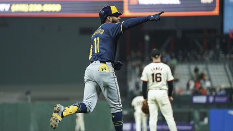 Milwaukee Brewers' Jackson Chourio, left, celebrates after hitting a two-run home run during the eighth inning of a baseball game against the San Francisco Giants, Thursday, Sept. 12, 2024. (AP Photo/Kavin Mistry)