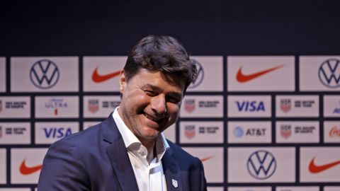 Mauricio Pochettino, the newly appointed head coach of the United States men's national soccer team, smiles after a press conference Friday, Sept. 13, 2024, in New York. (AP Photo/Adam Hunger)