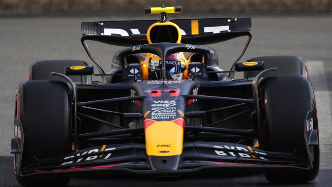 Red Bull driver Sergio Perez of Mexico in action during a Formula One Grand Prix qualifying in Baku, Azerbaijan, on Saturday, Sept. 14, 2024. (AP Photo/Sergei Grits)