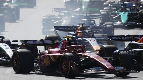 Ferrari driver Carlos Sainz of Spain in action at the start of the Formula One Grand Prix in Baku, Azerbaijan, on Sunday, Sept. 15, 2024. (AP Photo/Sergei Grits)