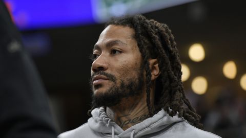 FILE -Memphis Grizzlies guard Derrick Rose stands on the sideline in the second half of an NBA basketball game against the Milwaukee Bucks, Feb. 15, 2024, in Memphis, Tenn. (AP Photo/Brandon Dill, File)