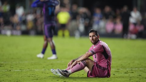 Inter Miami forward Lionel Messi reacts during the second half of an MLS soccer match against Charlotte FC, Saturday, Sept. 28, 2024, in Fort Lauderdale, Fla. (AP Photo/Rebecca Blackwell)