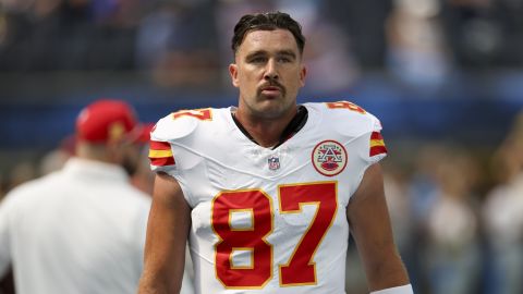 Kansas City Chiefs tight end Travis Kelce walks on the field before an NFL football game between the Los Angeles Chargers and the Kansas City Chiefs Sunday, Sept. 29, 2024, in Inglewood, Calif. (AP Photo/Ryan Sun)