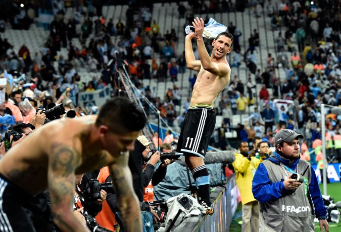 Argentina's Maxi Rodriguez celebrates after a shootout at the end of the World Cup semifinal soccer match between the Netherlands and Argentina at the Itaquerao Stadium in Sao Paulo Brazil, Wednesday, July 9, 2014. Argentina won 4-2 on penalties after the match ended 0-0 after extra time. (AP Photo/Martin Meissner)
