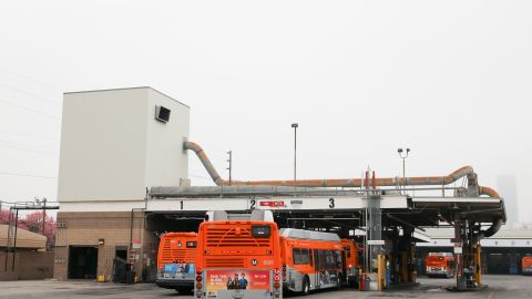 Buses enter a Los Angeles MTA bus depot near the site where overnight a bus was hijacked by an armed subject with passengers on board Wednesday, Sept. 25, 2024, in Los Angeles. One person was fatally shot before police apprehended the suspect. (AP Photo/Ryan Sun)