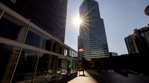 The sun shines over the financial district towers of downtown Los Angeles as Southern California is hit by a heatwave Friday, Sept. 6, 2024, in Los Angeles. (AP Photo/Etienne Laurent)