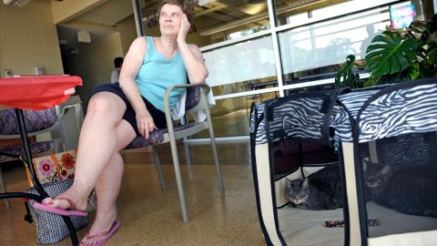 Joan McGee, of Arlington, Va., who has no electricity at her home, cools off with her two cats, Piper and Ellie, at a cooling center at the George Mason Recreation Center Arlington, Va., Sunday, July 1, 2012. Severe storms swept through the area leaving many homes and businesses without electricity. (AP Photo/Cliff Owen)