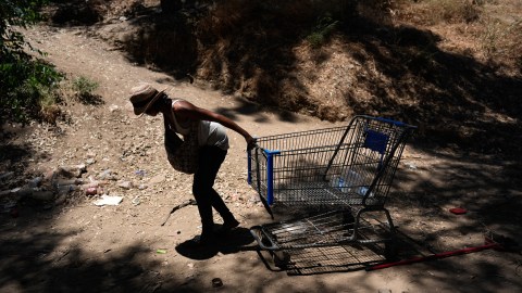 Homeless woman Courtney Debarge pulls a shopping cart at a homeless encampment next to the 405 Freeway in the Van Nuys section of Los Angeles, Friday, July 26, 2024. (AP Photo/Jae C. Hong)