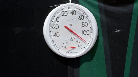 A thermometer showing the field temperature hangs from the rail next to the field before an NFL football game between the Jacksonville Jaguars and the Green Bay Packers in Jacksonville, Fla., Sunday, Sept. 11, 2016. (AP Photo/Phelan M. Ebenhack)