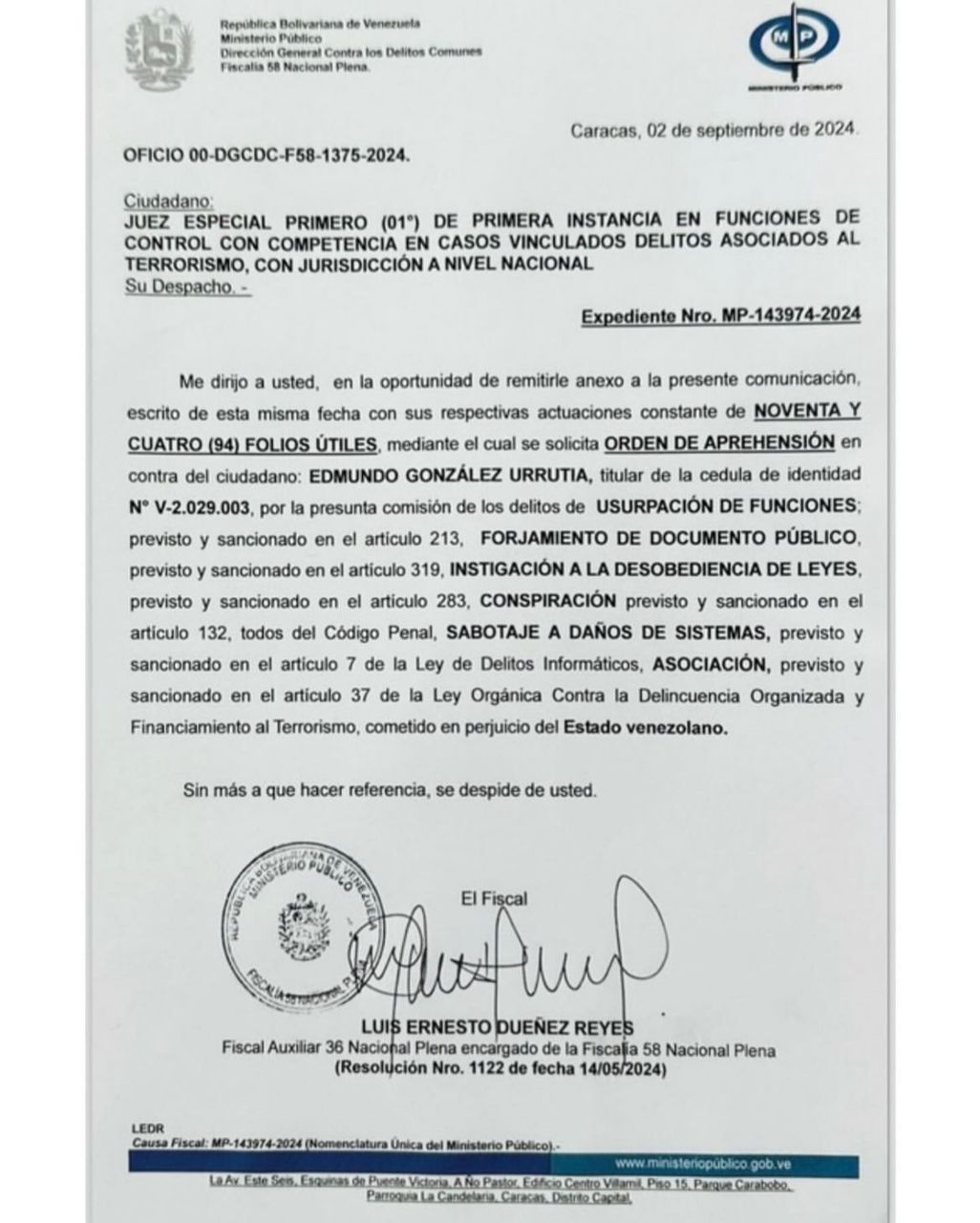 Orden de Aprehensión emitida por la Fiscalía de Venezuela contra Edmundo González.
