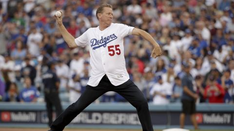 Former Los Angeles Dodgers pitcher Orel Hershiser throws out the first pitch before Game 5 of the World Series baseball game on Sunday, Oct. 28, 2018, in Los Angeles. (AP Photo/Jae C. Hong)