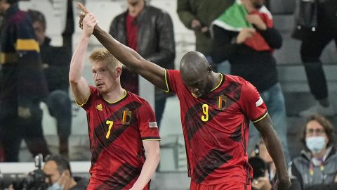 Belgium's Romelu Lukaku, right, celebrates with Kevin De Bruyne after scoring his side's second goal during the UEFA Nations League semifinal soccer match between Belgium and France at the Juventus stadium, in Turin, Italy, Thursday, Oct. 7, 2021. (AP Photo/Luca Bruno)