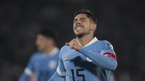 Uruguay's Facundo Valverde celebrates scoring his side's second goal against Chile during a qualifying soccer match for the FIFA World Cup 2026 at Centenario stadium in Montevideo, Uruguay, Friday Sept. 8, 2023.(AP Photo/Matilde Campodonico)